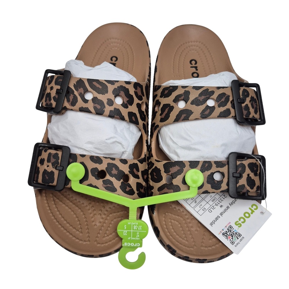 Crocs Women's Animal Graphic Saturday Two Strap Sandals Sepia Leopard Size 7